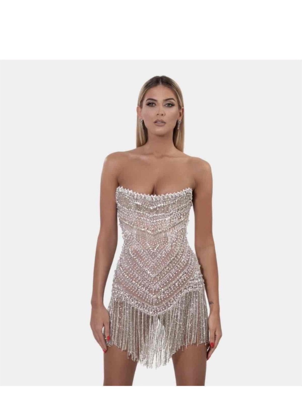 Albina Dyla Strapless Silver Beaded Fringe Mini Dress